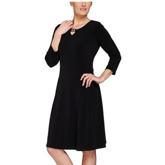 Susan Graver Solid 3/4 Sleeve Liquid Knit Knee Length Midi Enamel Accent Dress - Picture 1 of 3